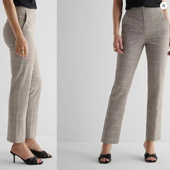 NWT Express Editor Dress Pants Barely Boot Low Rise Light Gray Plaid Size 8R - Picture 1 of 6